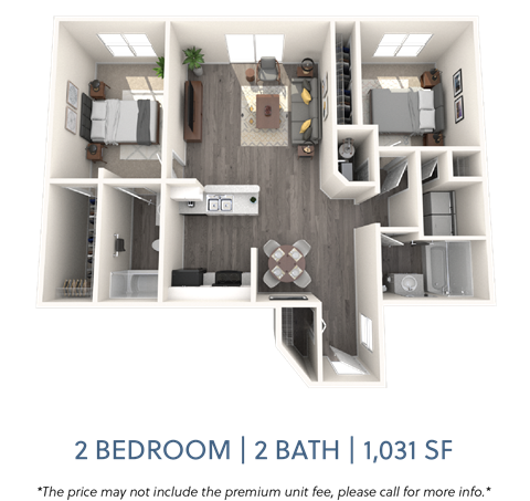 Floor plan for 2 beds, 2 baths, 1031 sqft